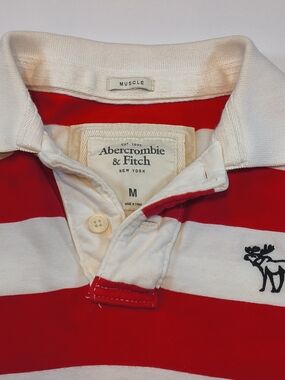 Abercrombie & Fitch Red and White Striped Rugby Polo